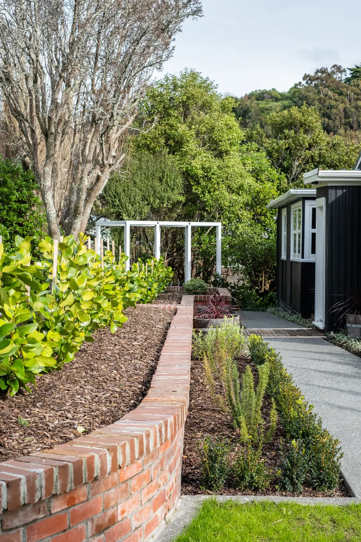 Paremata Road - A waterfront lawn rebuilt into outdoor rooms - fireplace terrace, curved brick walls, a pergola walkway and new planting above the water.