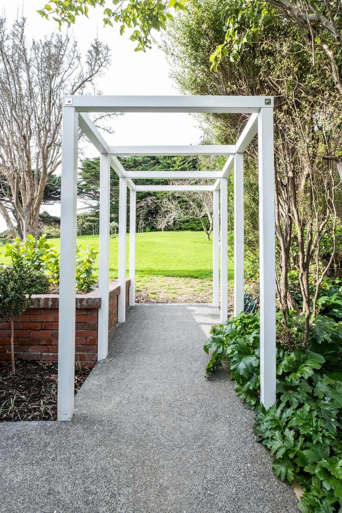 White pergola over a new concrete path and brick planter beds at Paremata Road, built and looked after by Distinctive Landscapes